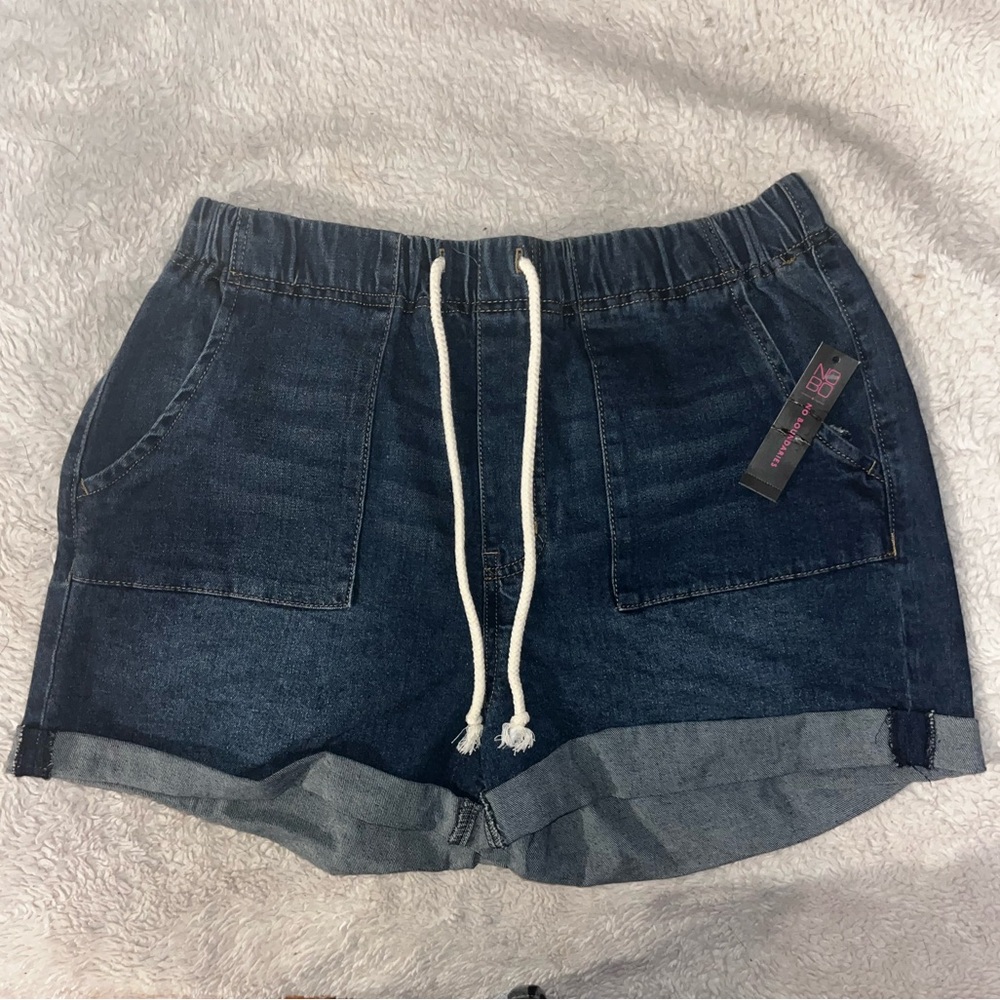 No Boundaries Juniors Dark Blue Denim Jean Shorts with Drawstring
